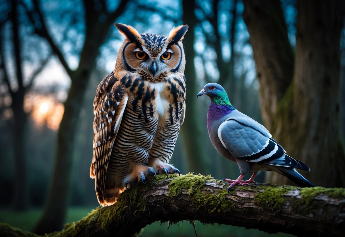 An owl perched on a tree branch looking at a nearby pigeon in a woodland setting at dusk.