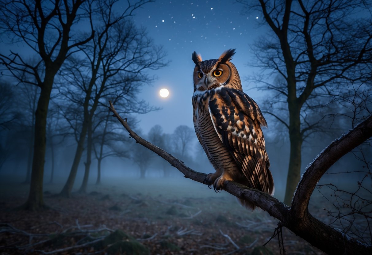 An owl perched on a bare tree branch in a misty forest at night with fallen leaves on the ground.