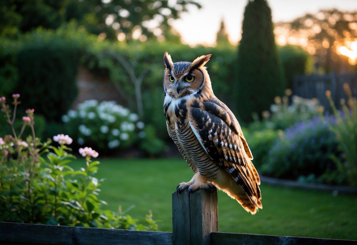 An owl perched on a wooden fence post in a green garden at dusk with flowers and trees in the background.