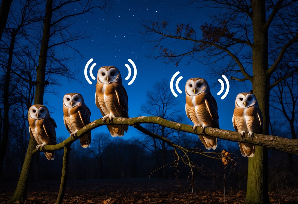 Nighttime woodland scene with several owls perched on tree branches under a starry sky and moonlight.