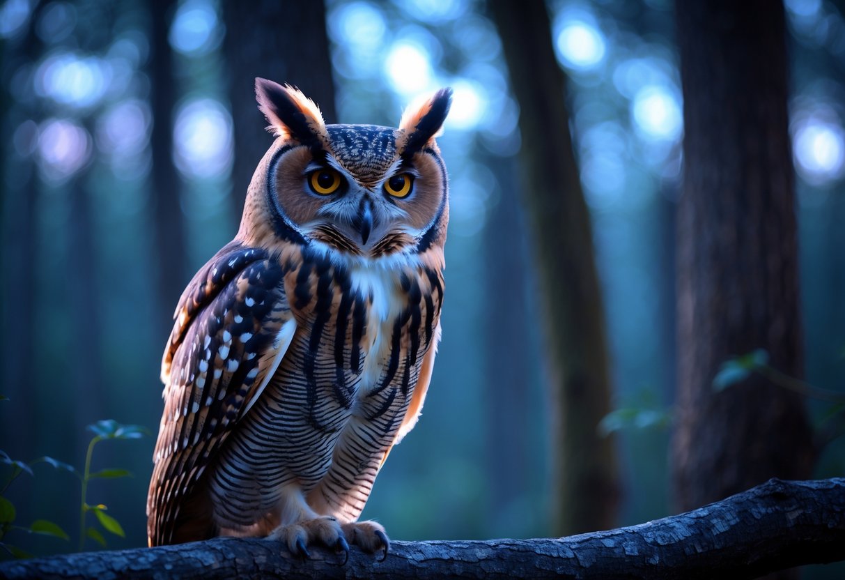 A close-up of an owl perched on a branch in a forest at twilight, looking directly ahead with intense eyes.
