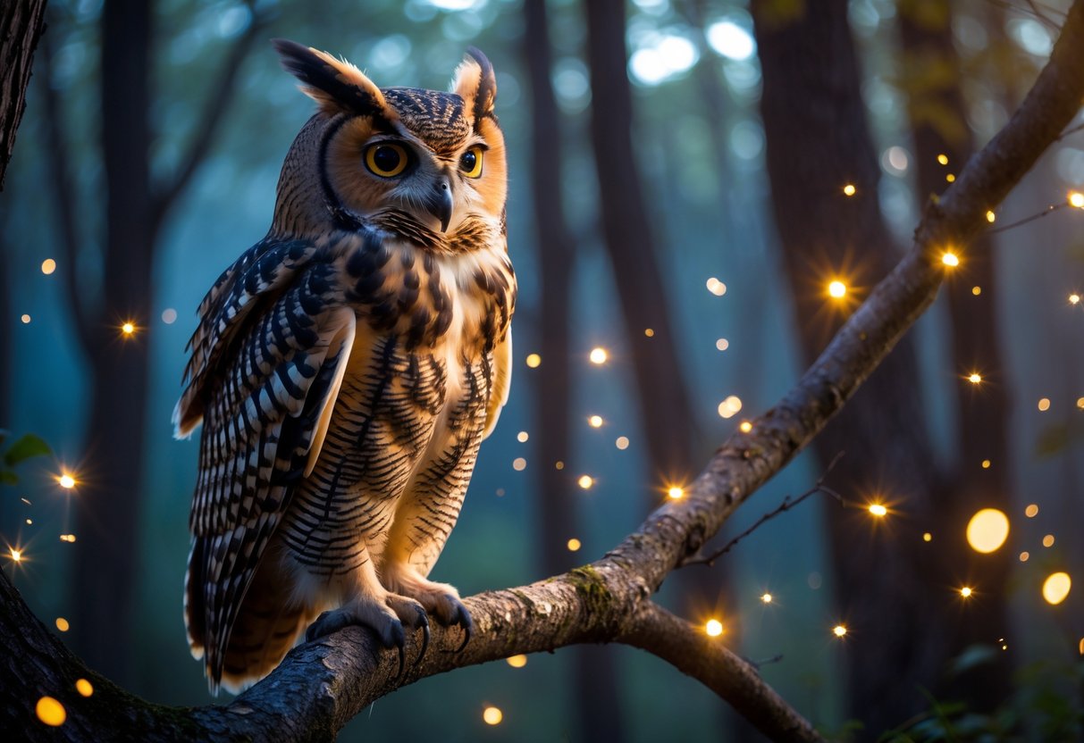 An owl perched on a tree branch in a misty forest at twilight with glowing fireflies around it.
