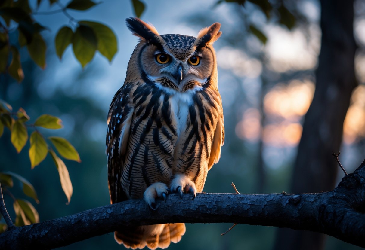 Close-up of an owl perched on a tree branch in a forest at dusk, looking directly ahead.
