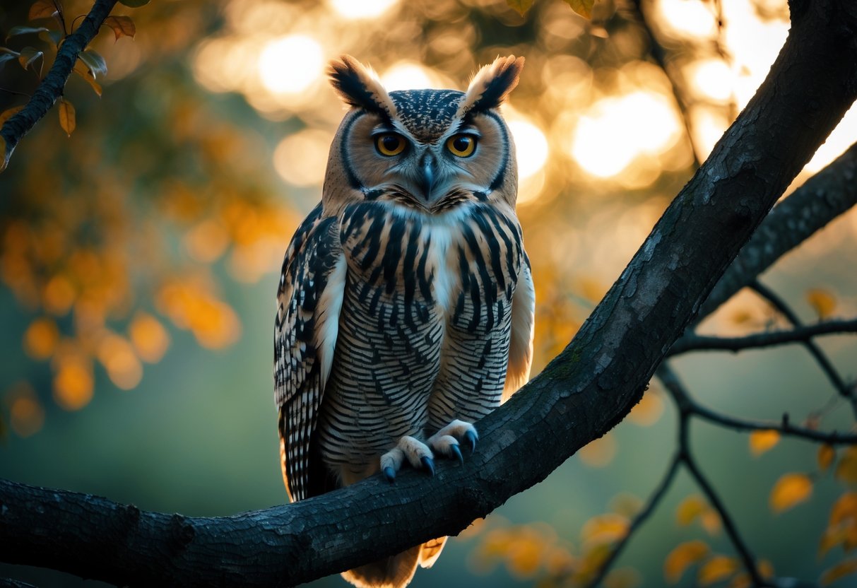 A close-up of an owl perched on a tree branch in a forest at dusk.
