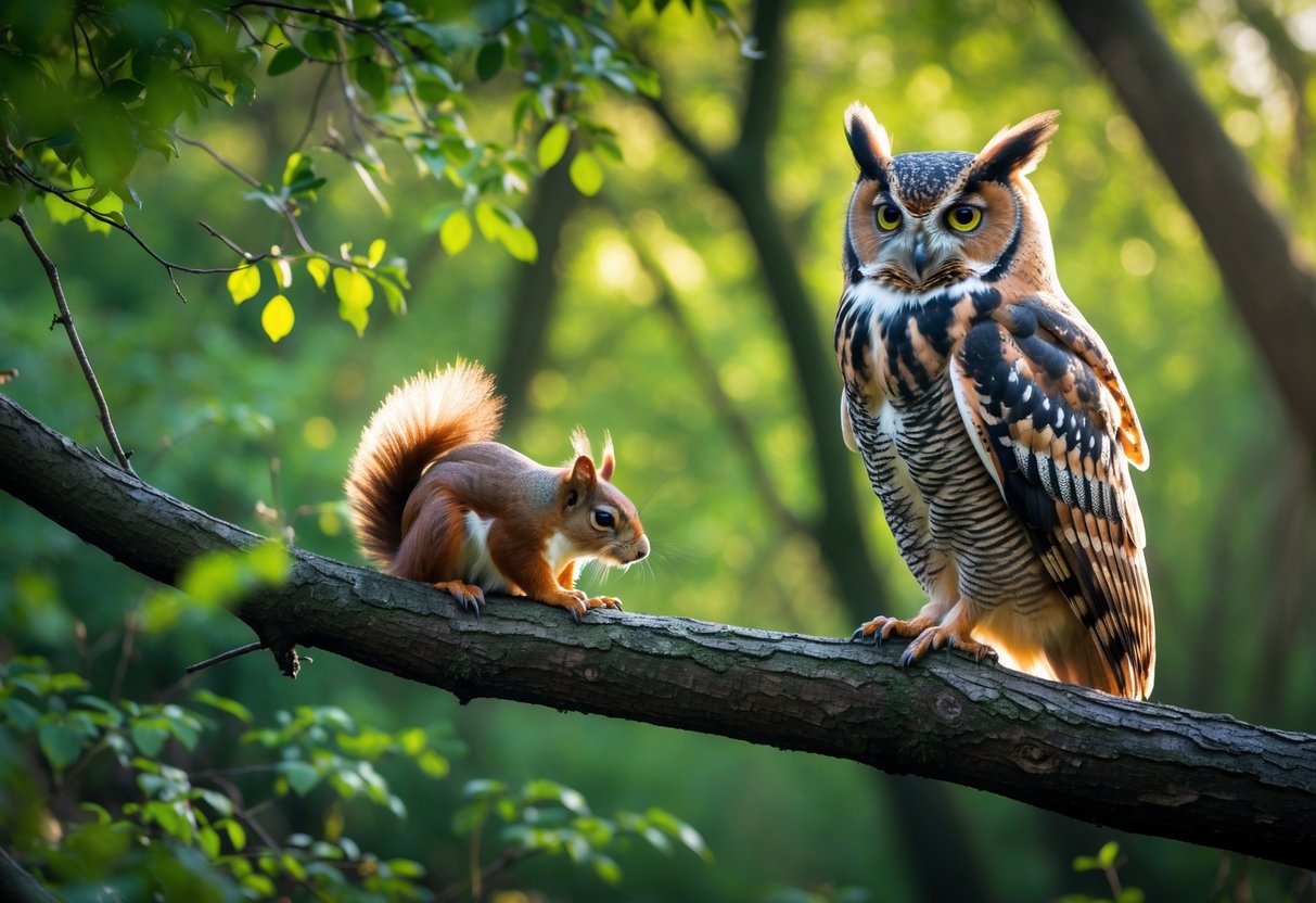An owl perched on a tree branch looking at a squirrel on the forest floor in a UK woodland.