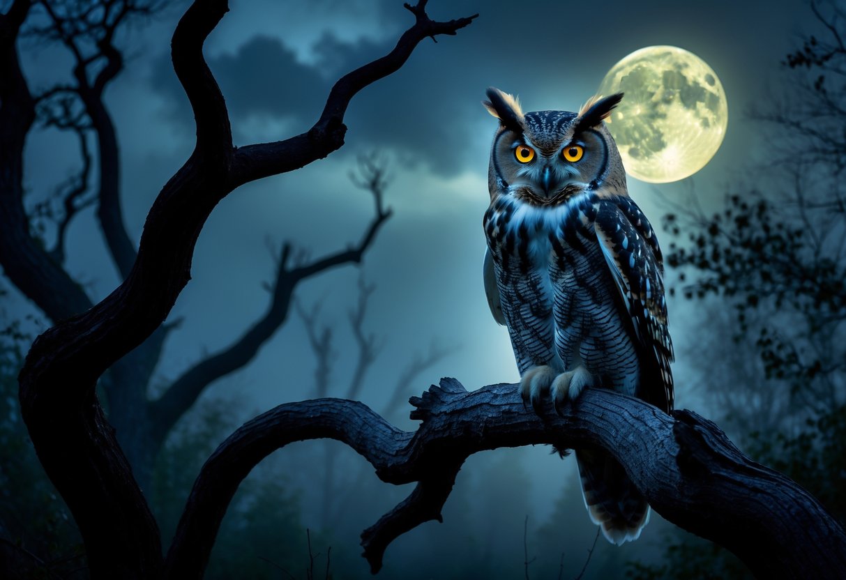 An owl with glowing yellow eyes perched on a twisted tree branch in a dark, foggy forest at night.