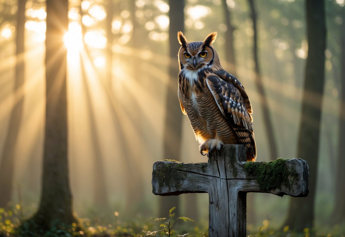 An owl perched on a wooden cross in a misty forest at dawn with sunlight filtering through the trees.