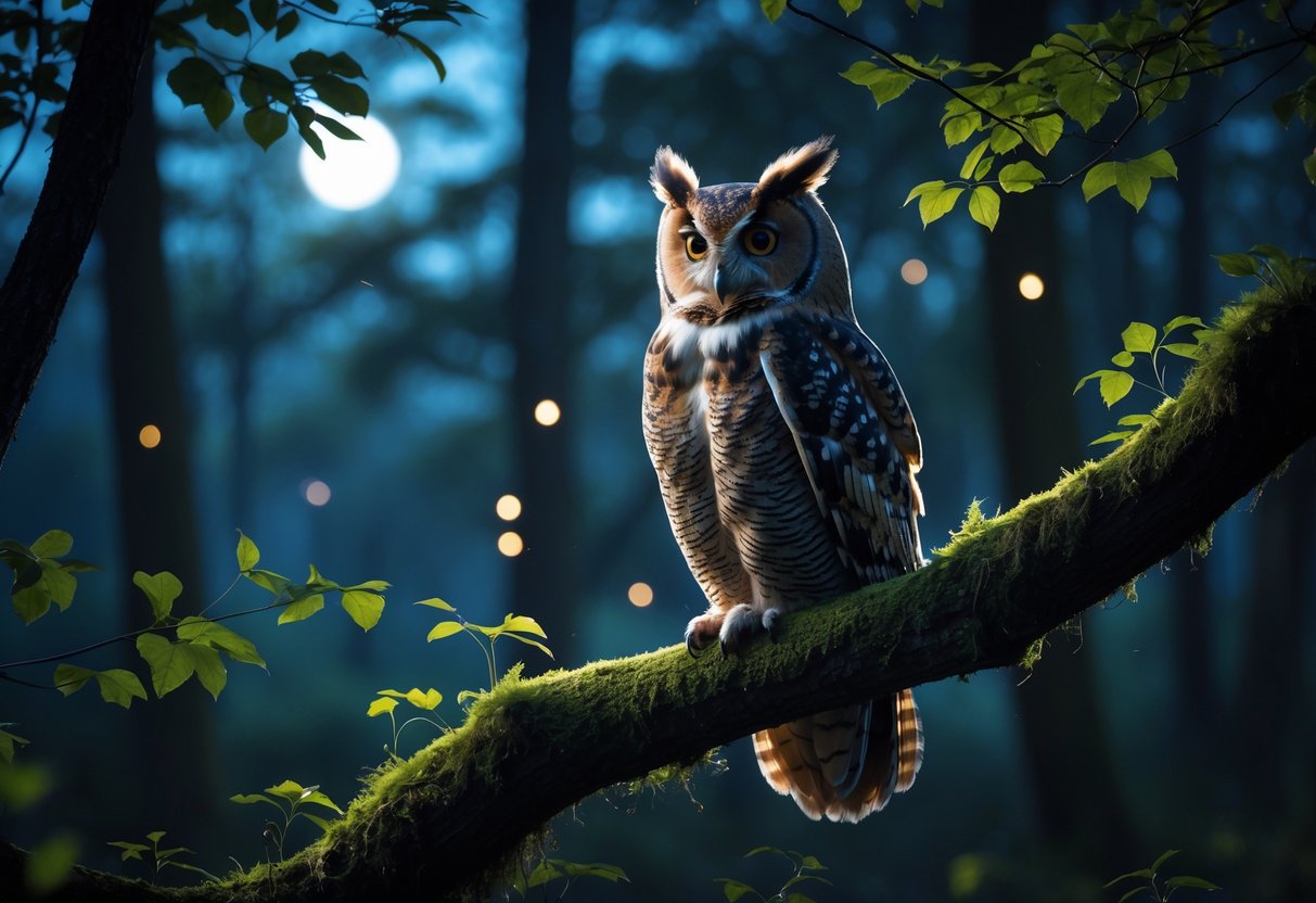 A majestic owl perched on a tree branch in a moonlit forest surrounded by leaves and fireflies.