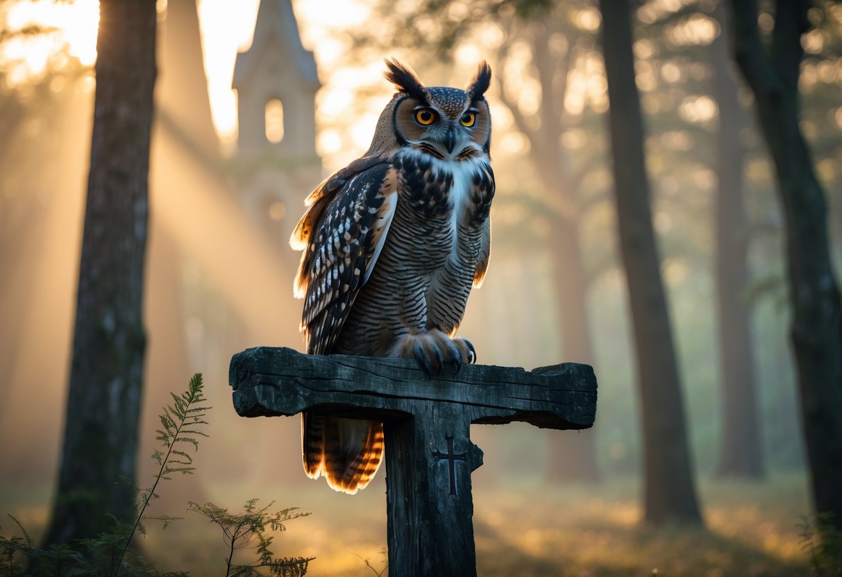 An owl perched on a wooden cross in a forest clearing with sunlight filtering through trees and a faint church silhouette in the background.
