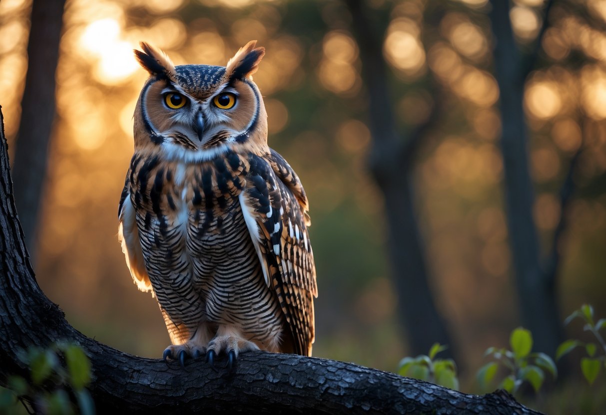A majestic owl perched on a tree branch in a forest at dusk, looking directly ahead.