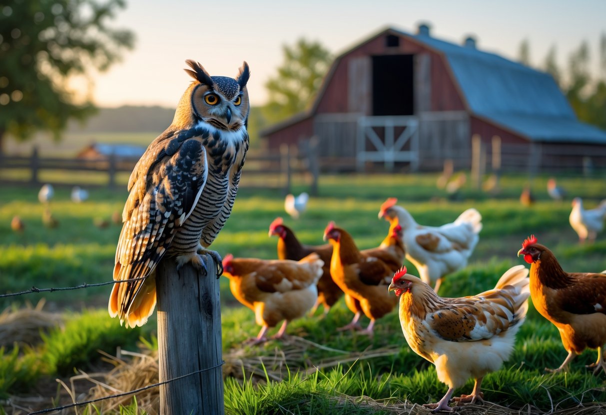 An owl perched on a fence post watching a group of chickens foraging on grass near a barn.