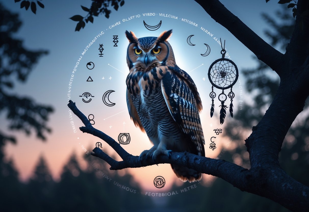 An owl perched on a tree branch at twilight with faint cultural symbols in the background and a forest setting.