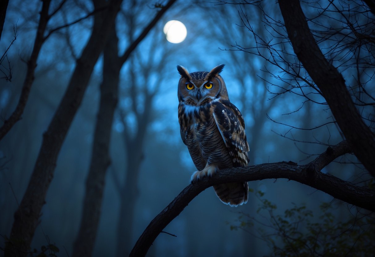 An owl perched on a tree branch at night in a forest with moonlight filtering through the trees.