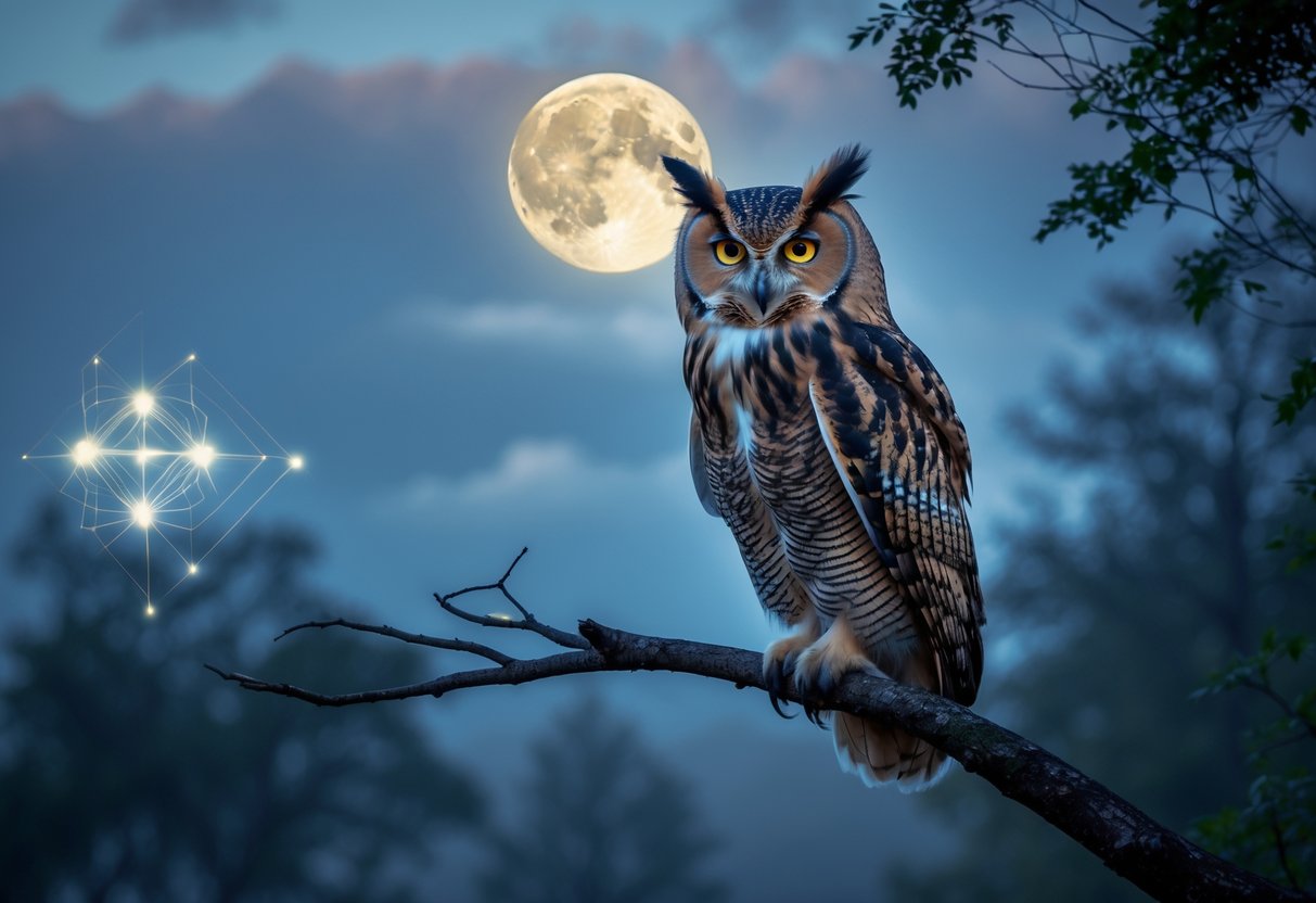 An owl perched on a tree branch at twilight with a glowing full moon and misty forest in the background, surrounded by subtle spiritual light patterns.