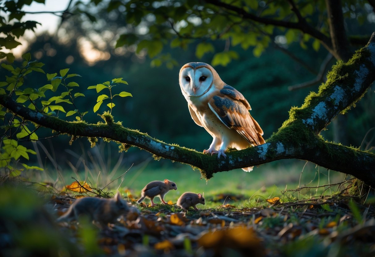 A barn owl perched on a tree branch in a woodland, looking down at small mammals on the ground.