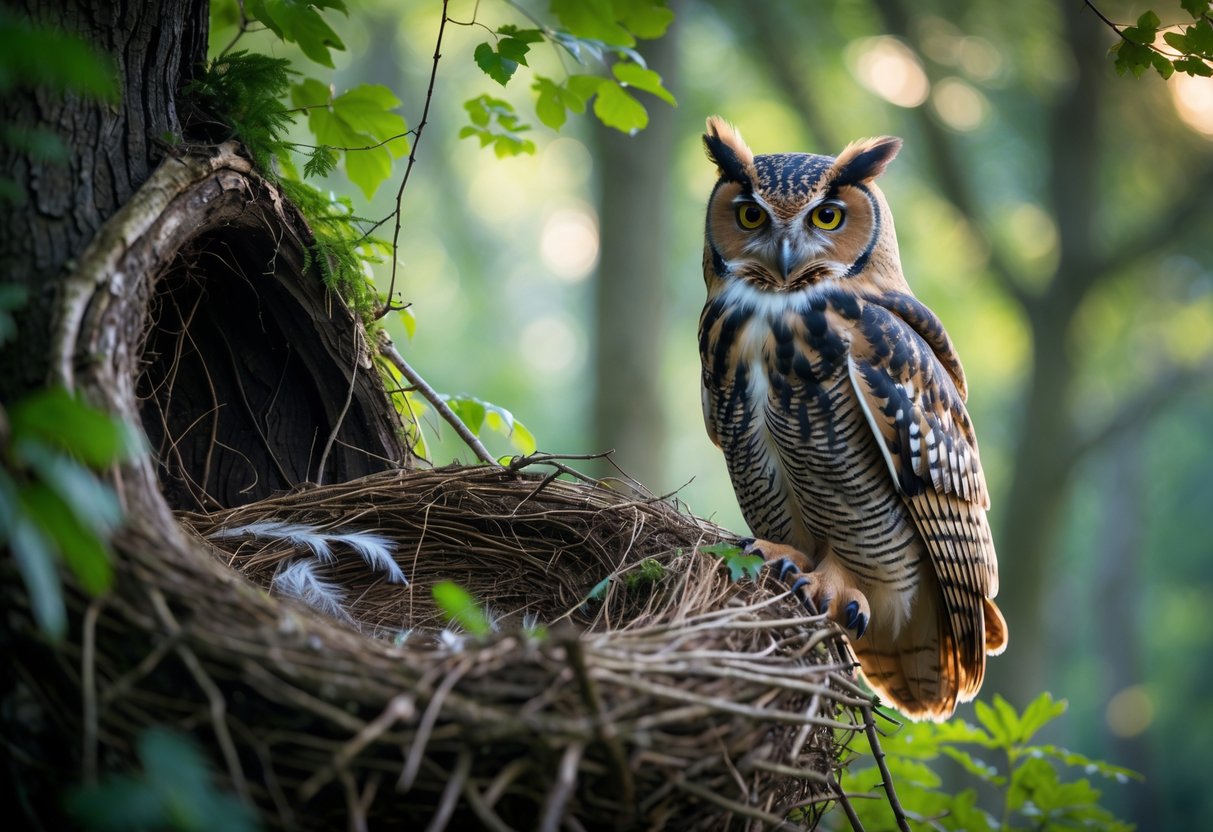 An owl perched on the edge of a tree hollow nest surrounded by green leaves in a forest.