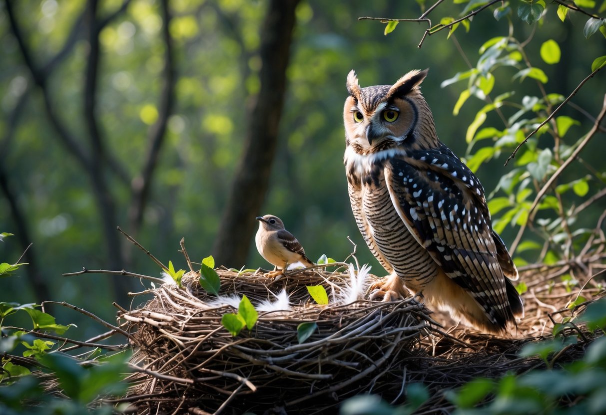 An owl perched near a nest made of twigs and leaves in a forest, with other small birds visible nearby among green foliage.