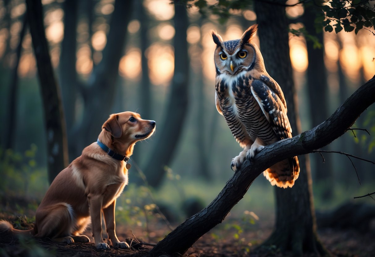 An owl perched on a tree branch calling while a dog sits nearby looking up at it in a forest at dusk.