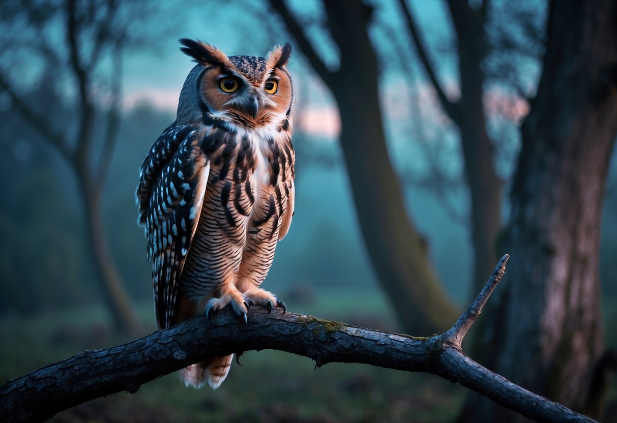 An owl perched on a tree branch in a misty forest at dusk, appearing to hoot.