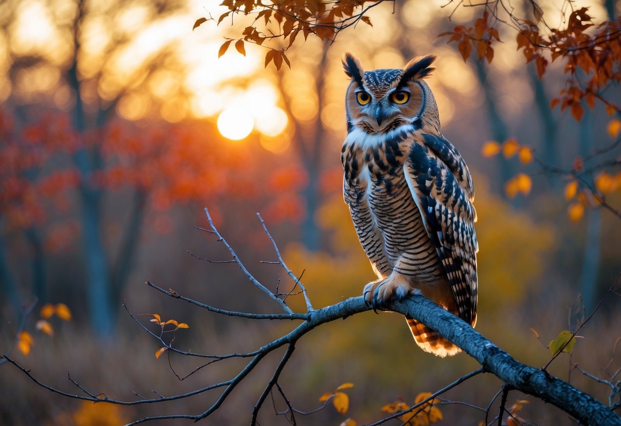 An owl perched on a tree branch at sunset in early autumn, with fall foliage in the background.