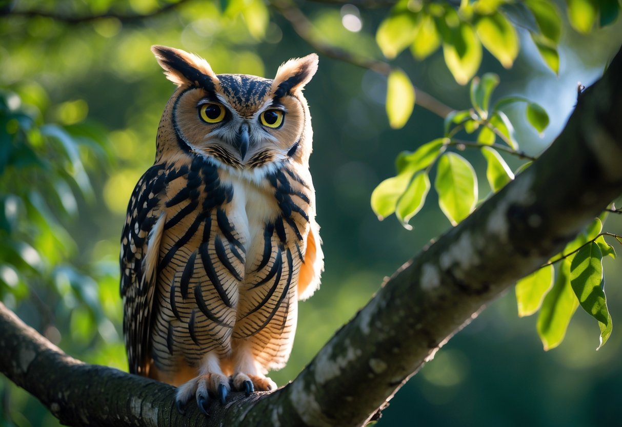 An owl perched on a tree branch in a forest, looking alert and cautious.