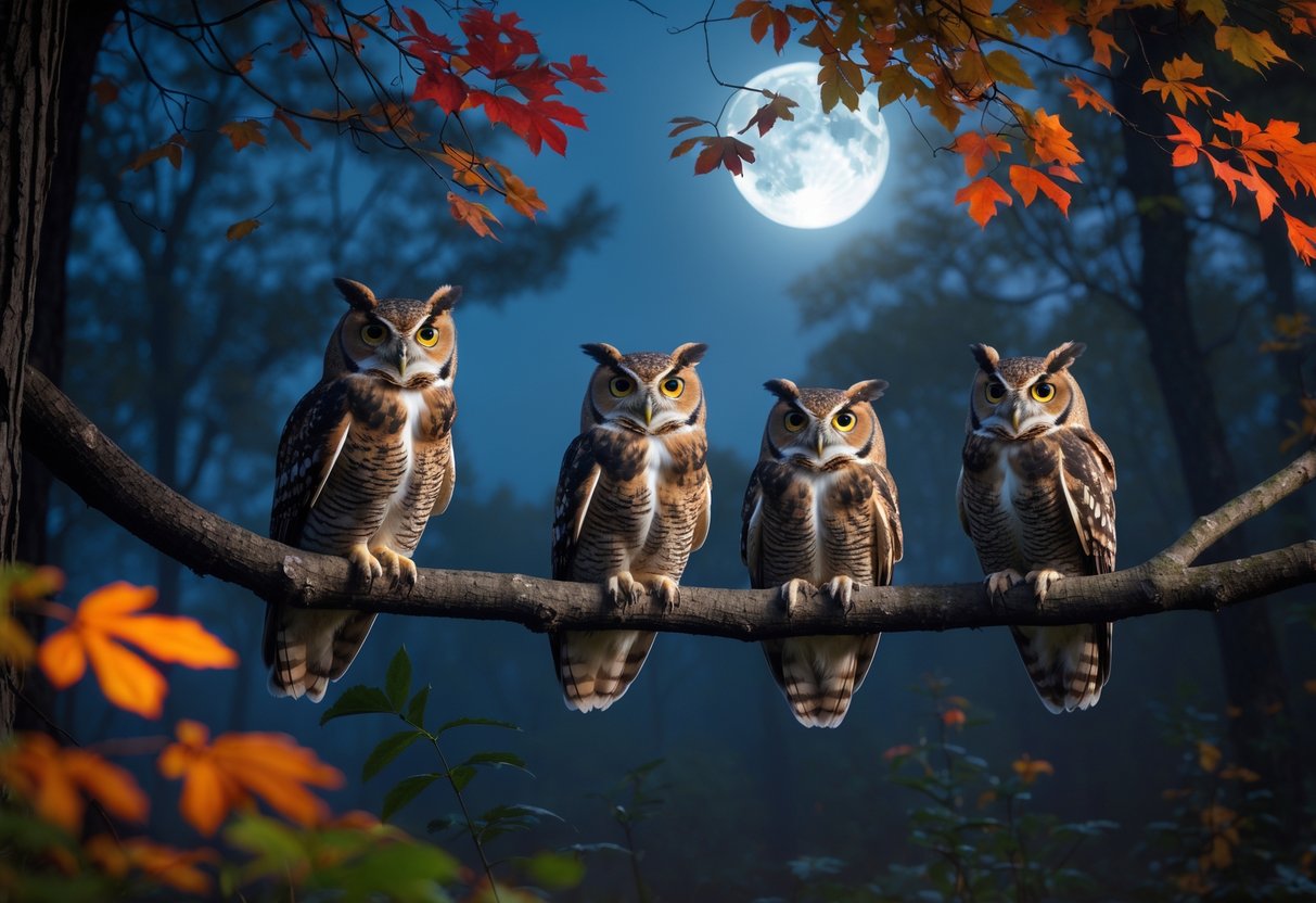Several owls perched on tree branches in a moonlit forest with colorful autumn leaves at night.