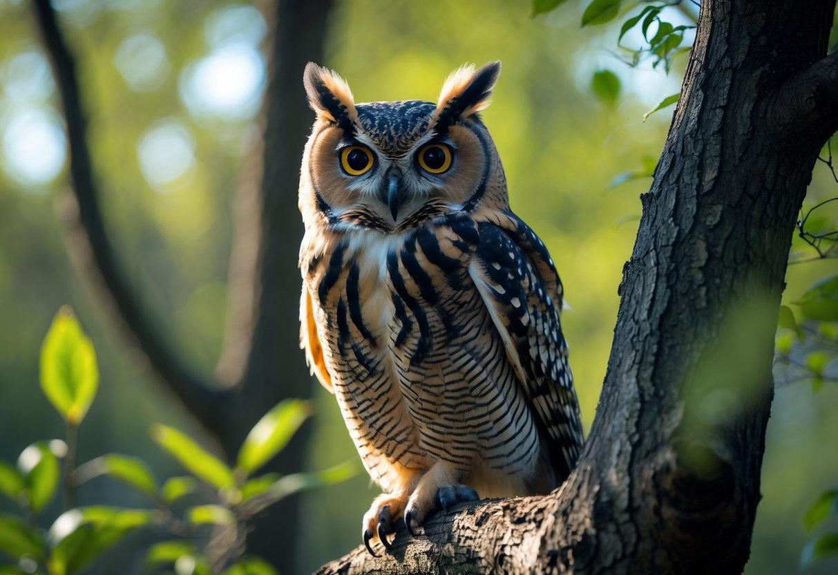 Close-up of an owl perched on a tree branch in a forest, looking alert and cautious.