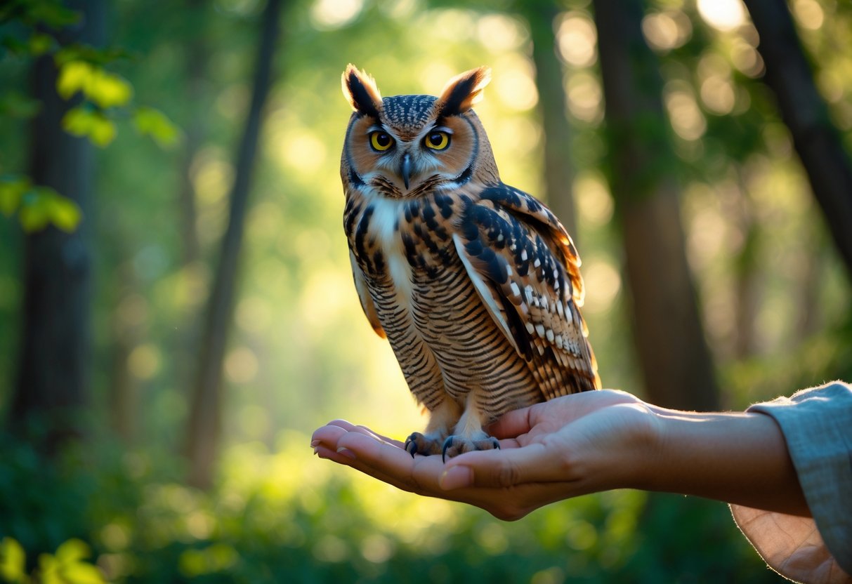 An owl perched calmly on a person's outstretched hand in a sunlit forest.