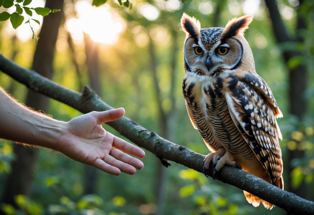 A large owl perched on a branch with a human hand gently reaching nearby in a forest.