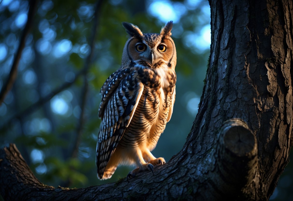 An owl perched on a tree branch in a forest at twilight, looking attentively to the side.