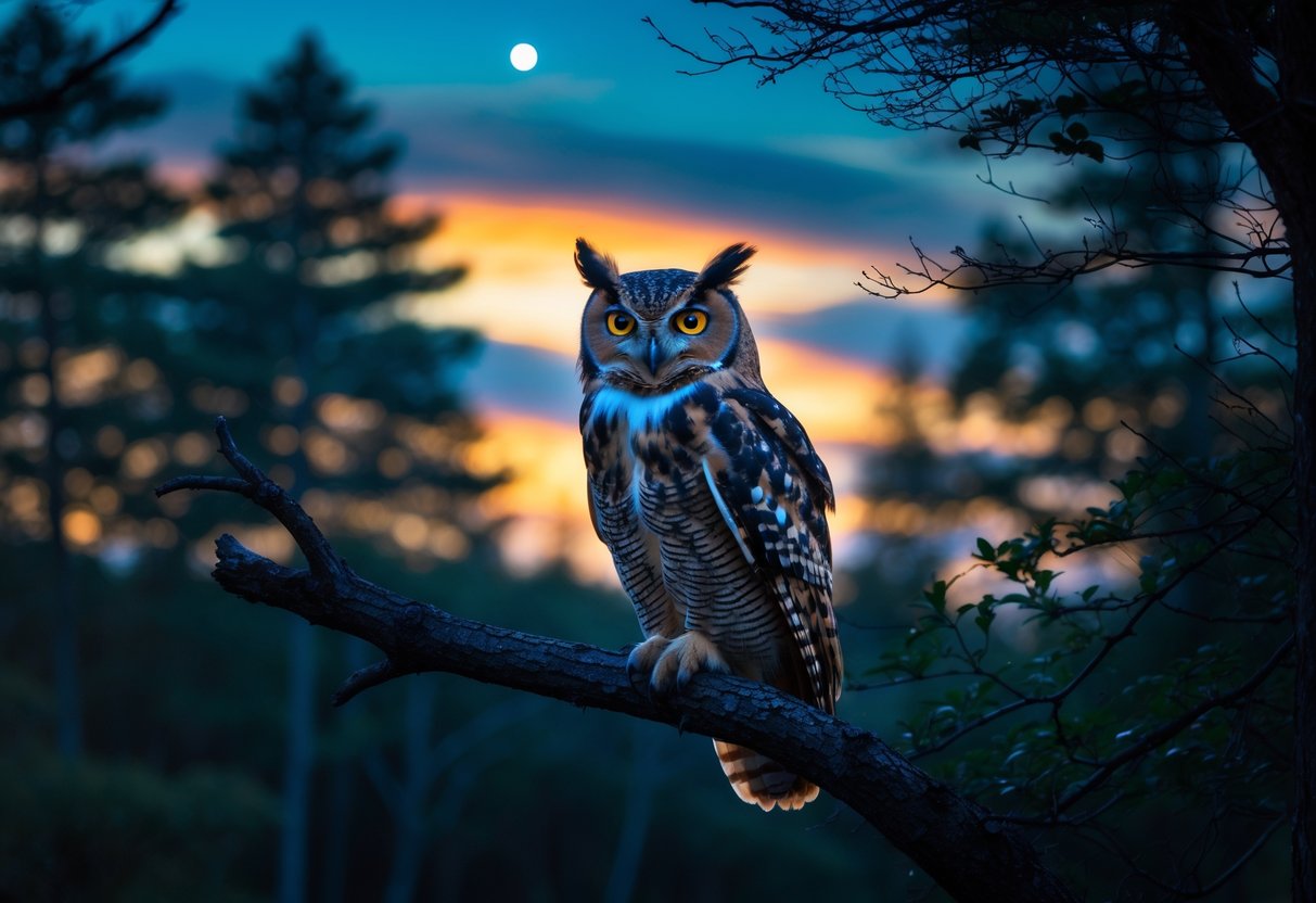 An owl perched on a tree branch at dusk, hooting in a quiet forest with a colorful twilight sky in the background.
