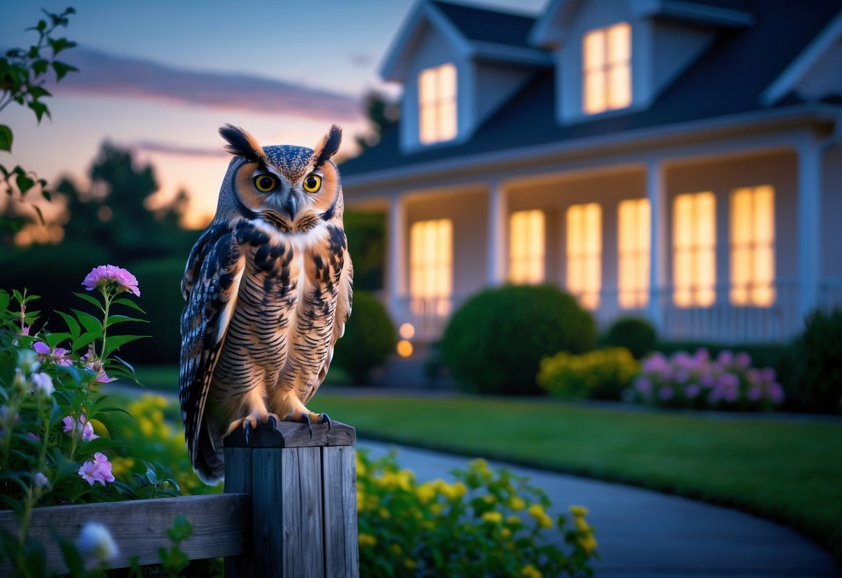 An owl perched on a wooden fence post near a suburban house at dusk with garden plants around.