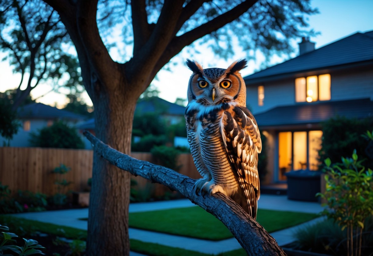 An owl perched on a tree branch near a house at dusk in a suburban backyard.