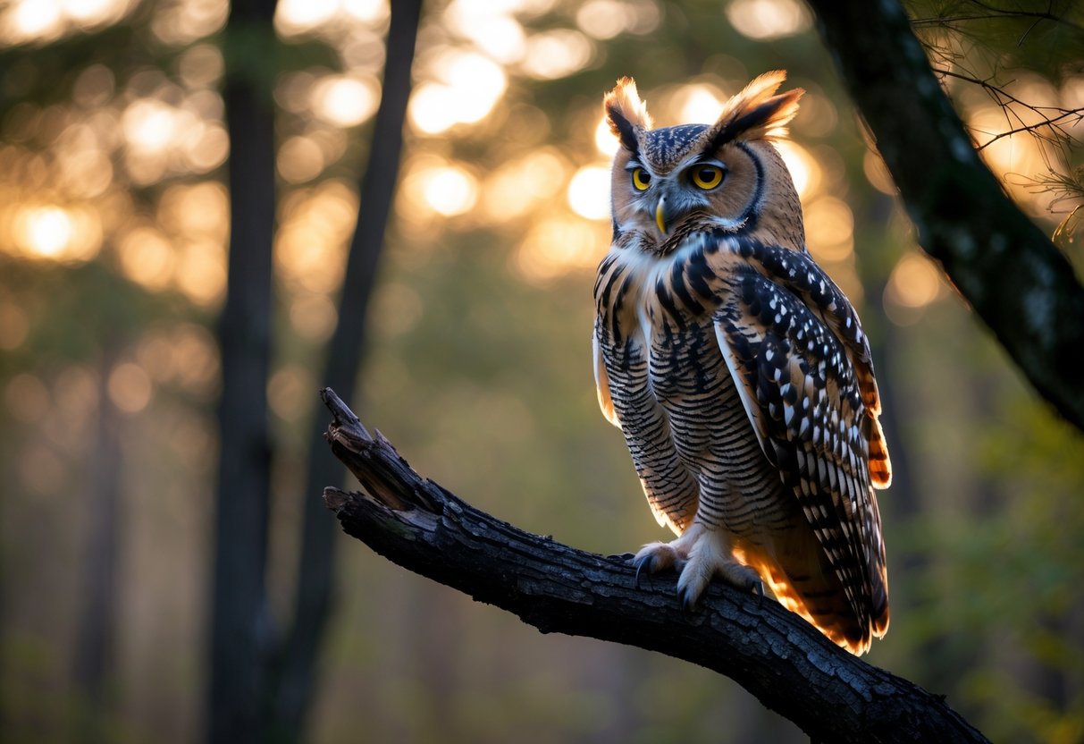 An owl perched on a tree branch at dusk with its beak open as if hooting, surrounded by a forest background.