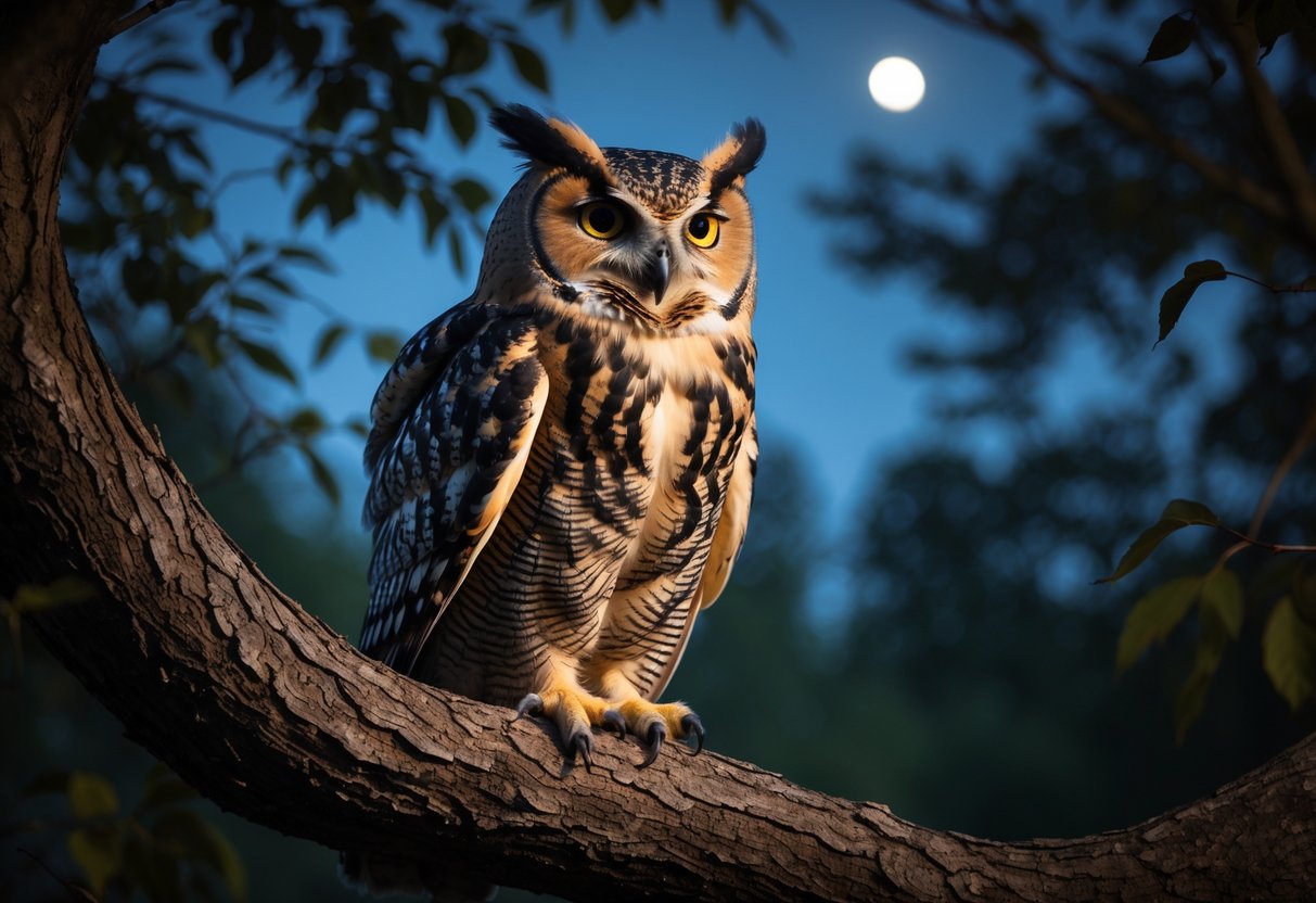 An owl perched on a tree branch at dusk with its beak open as if calling.