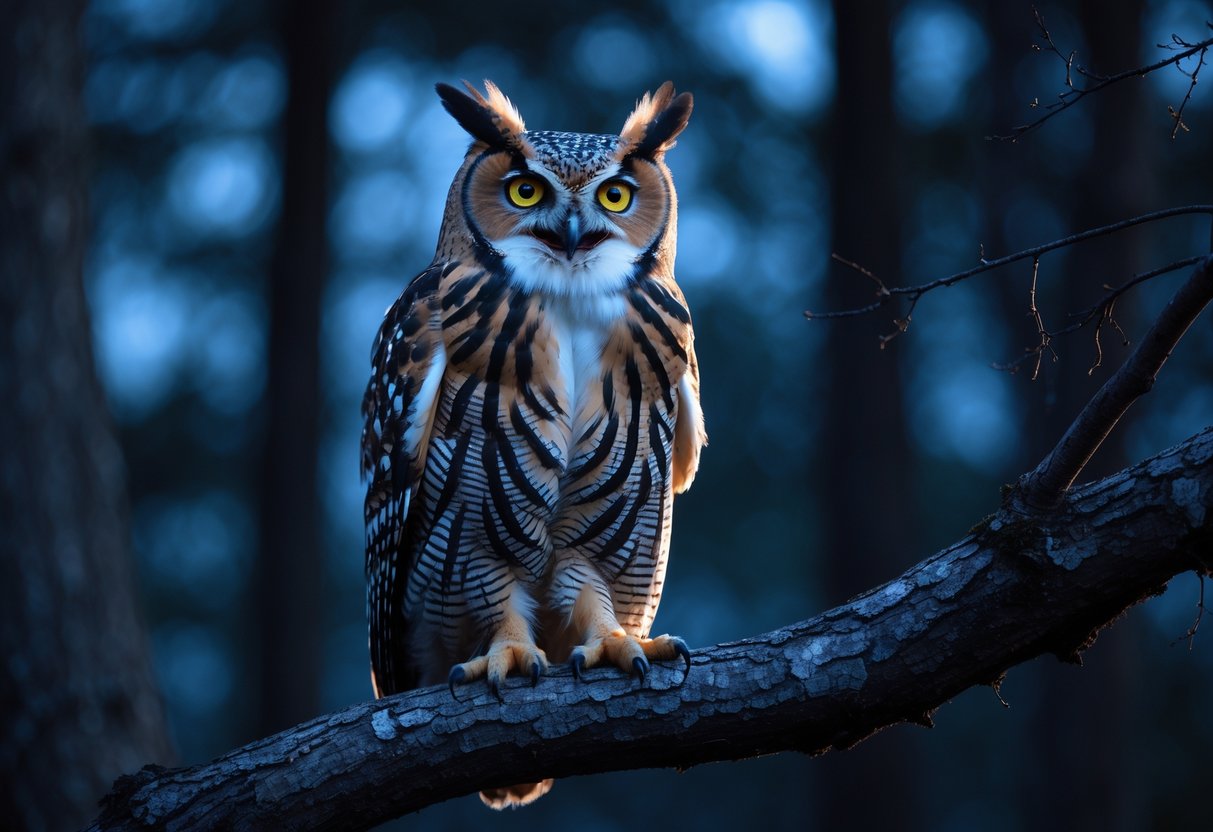 Northern Hawk Owl perched on a tree branch with its beak open as if making a loud call in a forest at twilight.