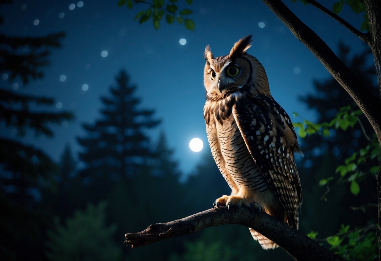 An owl perched on a tree branch in a dark forest at night, looking alert with its beak open as if calling.