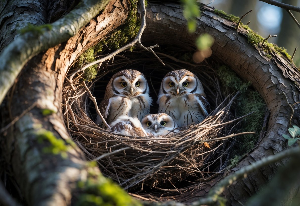 An owl nest inside a tree hollow with young owlets surrounded by twigs and feathers.