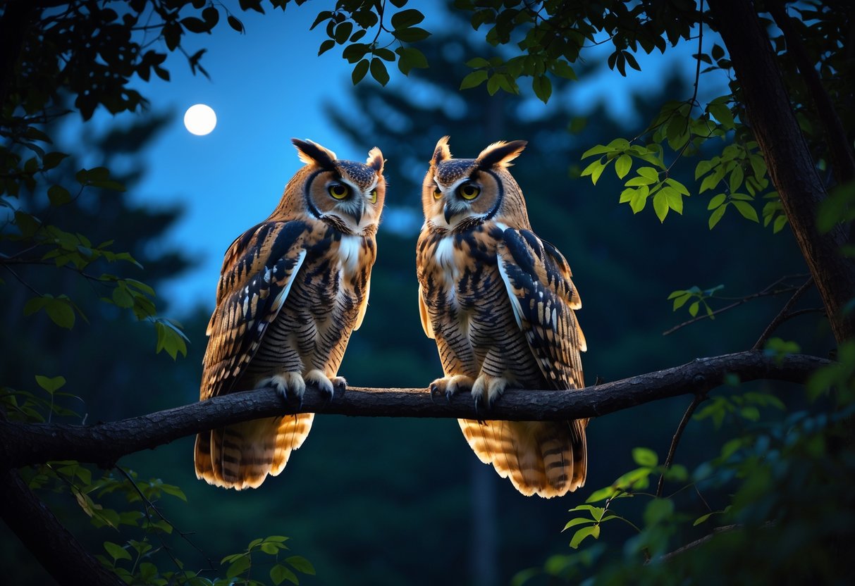 Two owls perched on tree branches in a forest at twilight, facing each other as if calling.