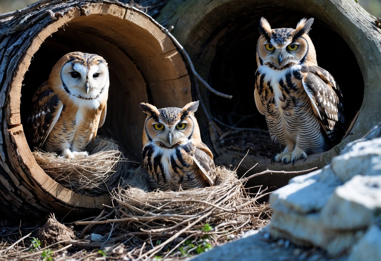 Several owls nesting in different natural settings including a hollow tree, a high branch, a ground burrow, and a rocky ledge.