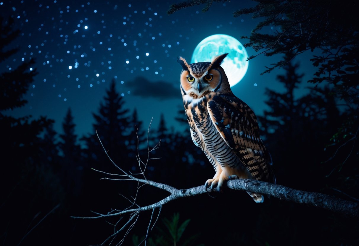 An owl perched on a tree branch at night in a forest, illuminated by moonlight with a starry sky in the background.
