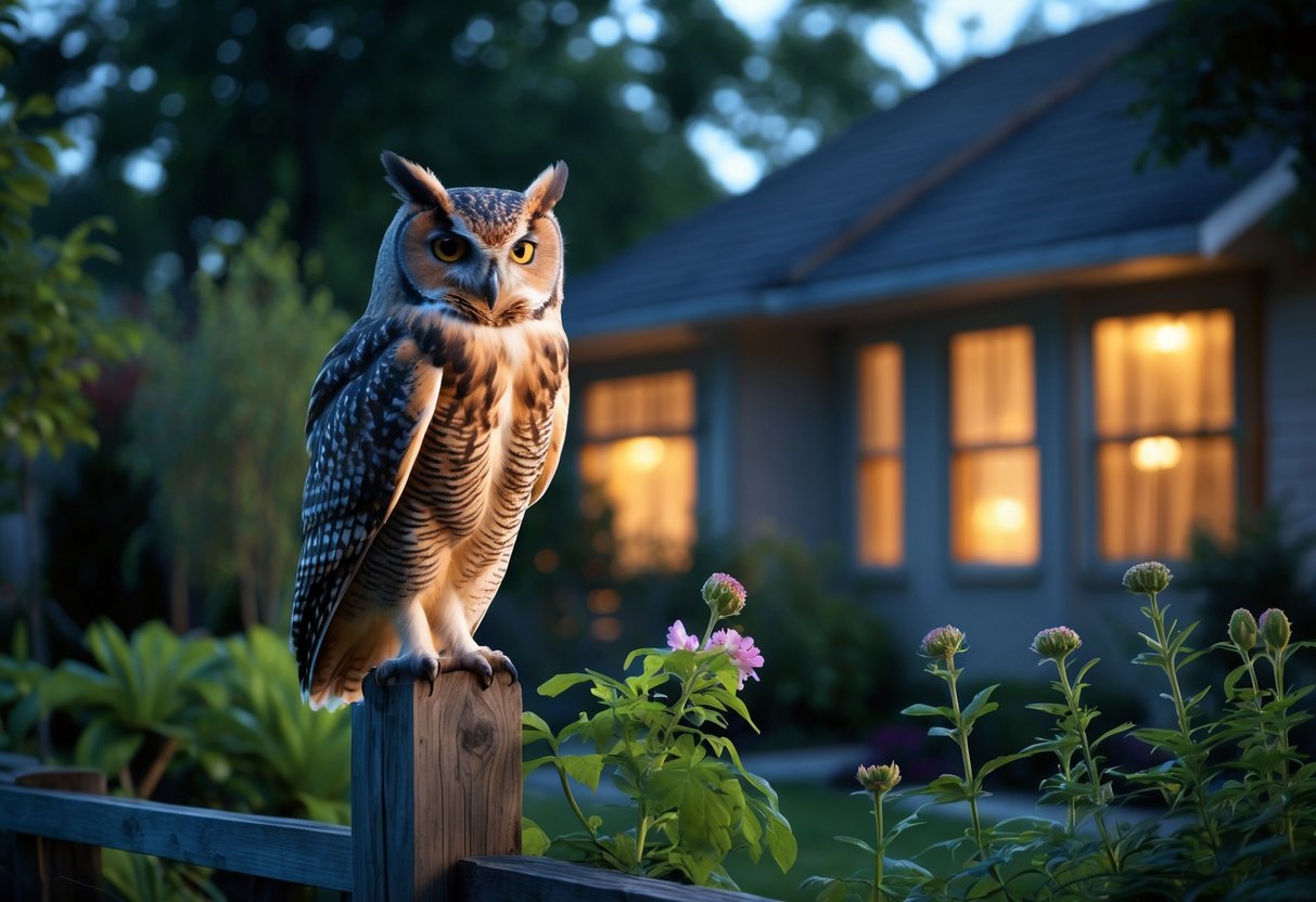 An owl perched on a fence post in a backyard near a house at dusk, surrounded by plants and flowers.