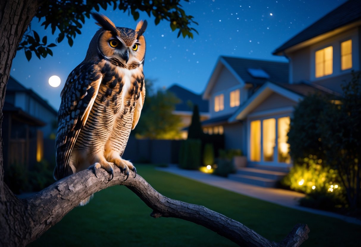 A large owl perched on a tree branch near a house at night with a garden in the background.