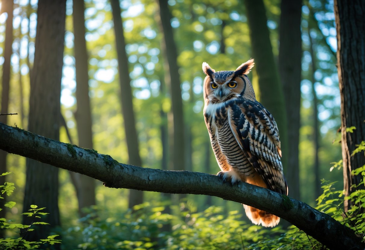 An owl perched on a tree branch in a sunlit forest during the daytime.