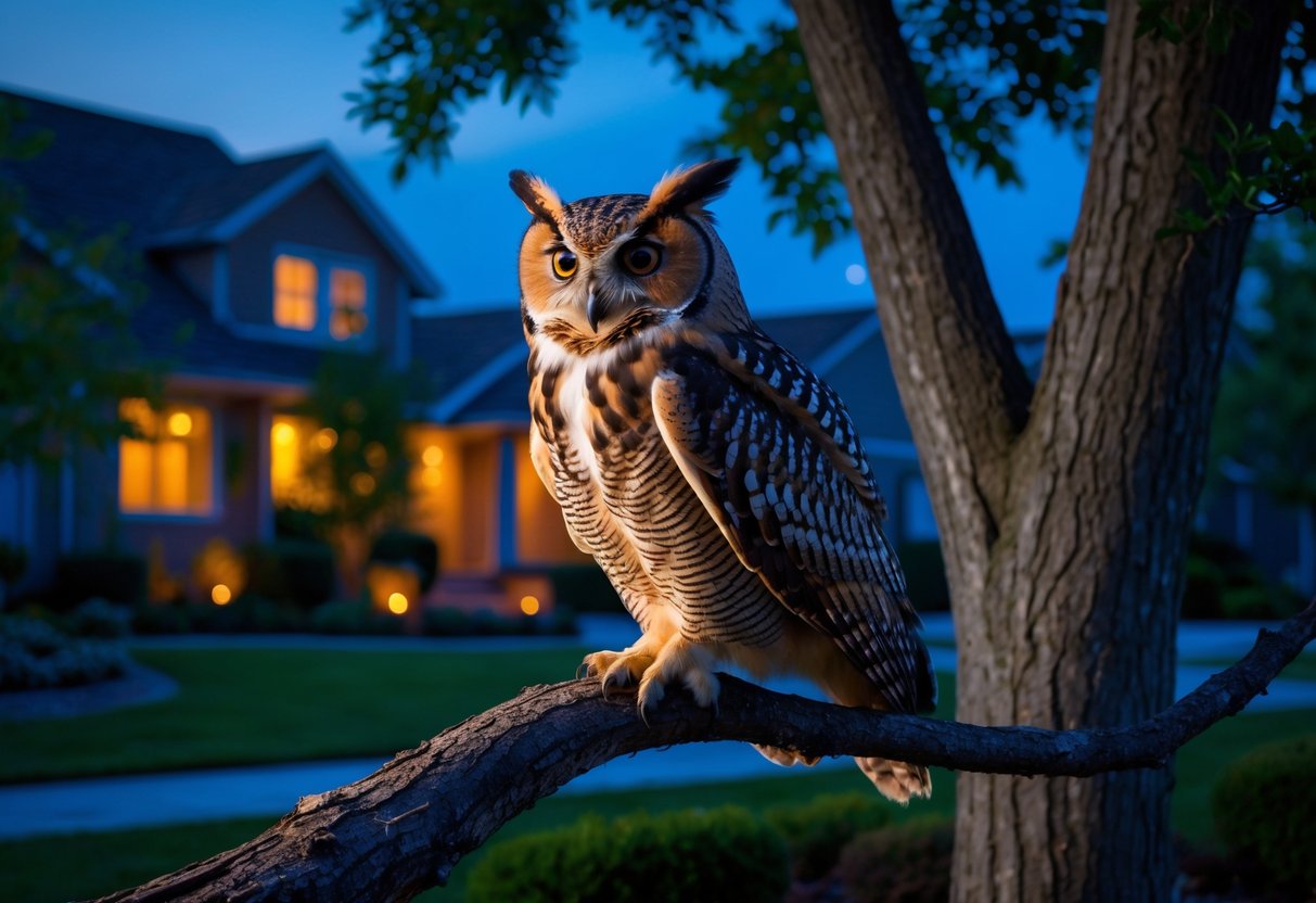 An owl perched on a tree branch near a house at twilight with trees and a yard in the background.