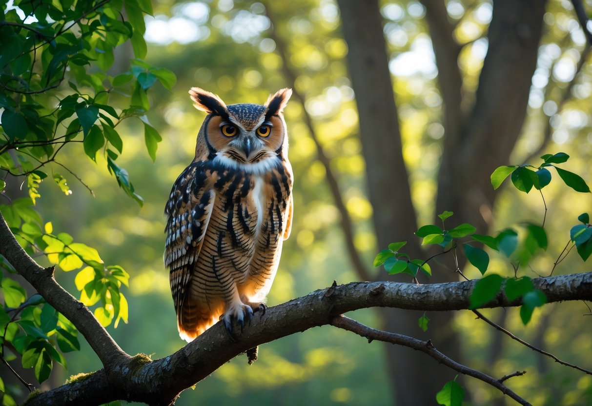 An owl perched on a tree branch in a sunlit forest during the daytime.