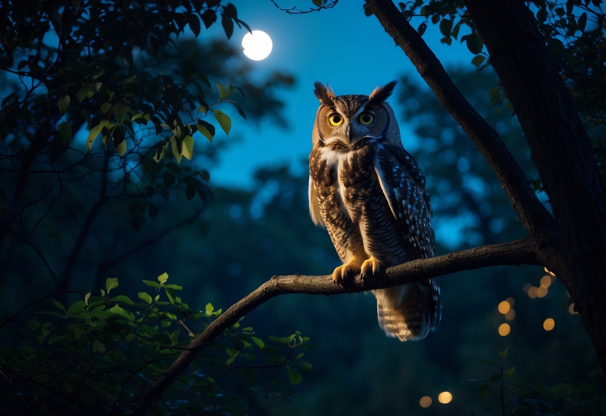 An owl perched on a tree branch in a dark forest at night with moonlight shining through the leaves.