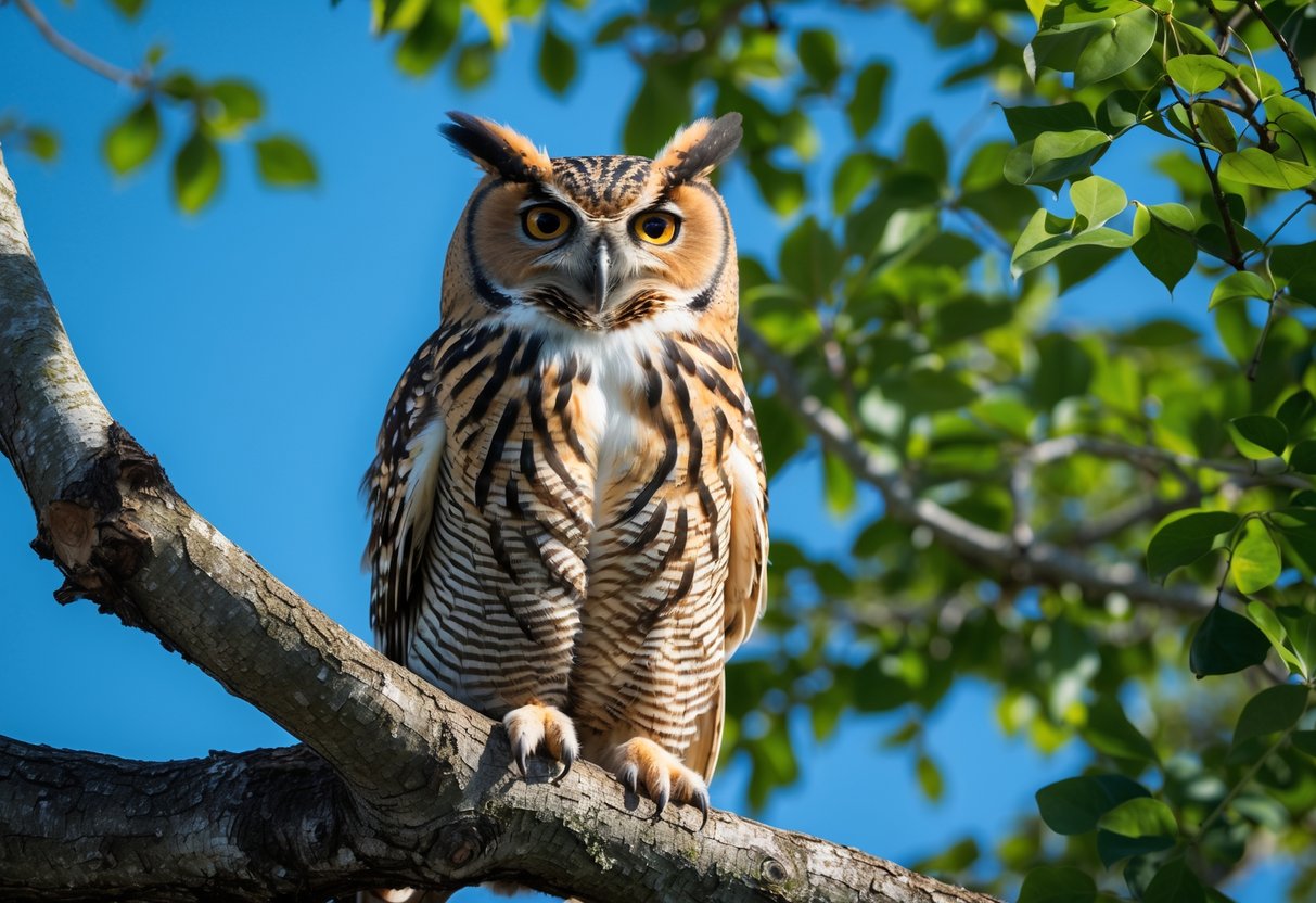 An owl perched on a tree branch in daylight with clear blue sky and green leaves in the background.