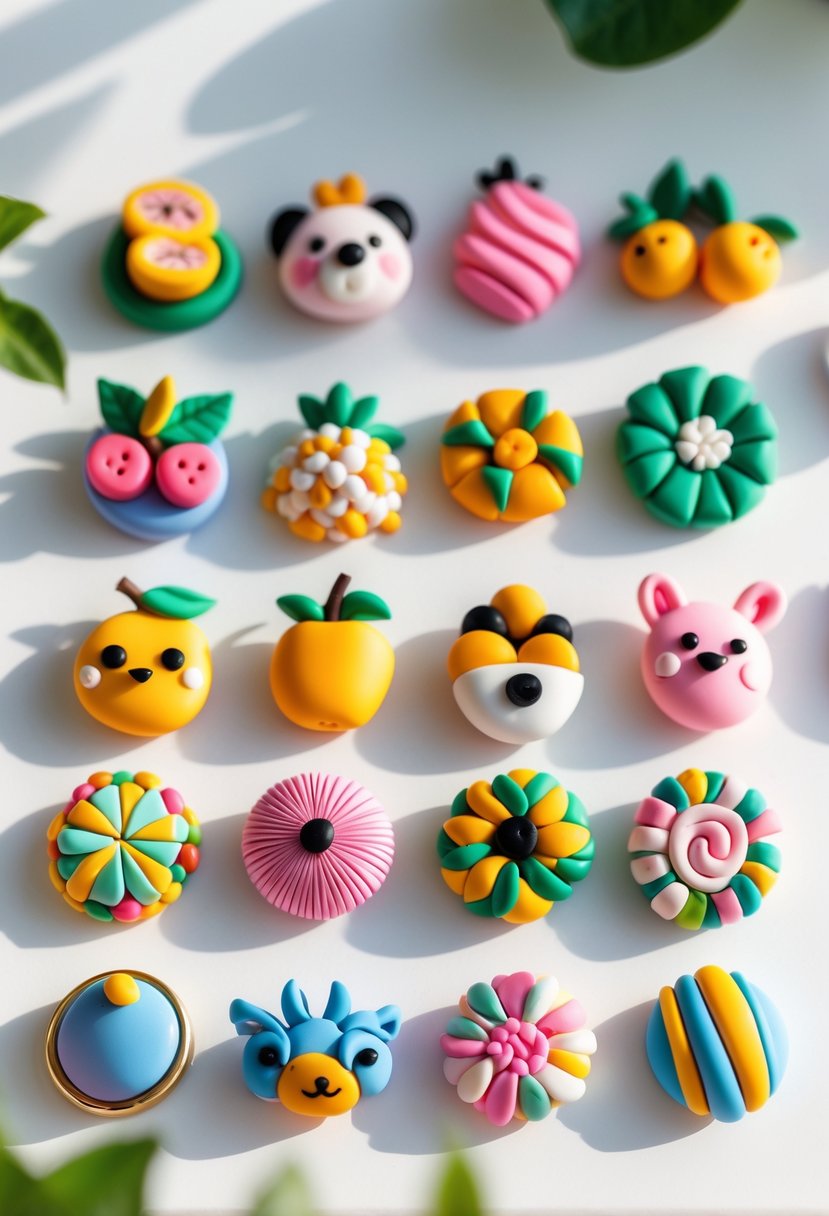 A collection of 15 colorful DIY polymer clay magnets with various shapes and designs displayed on a white surface.