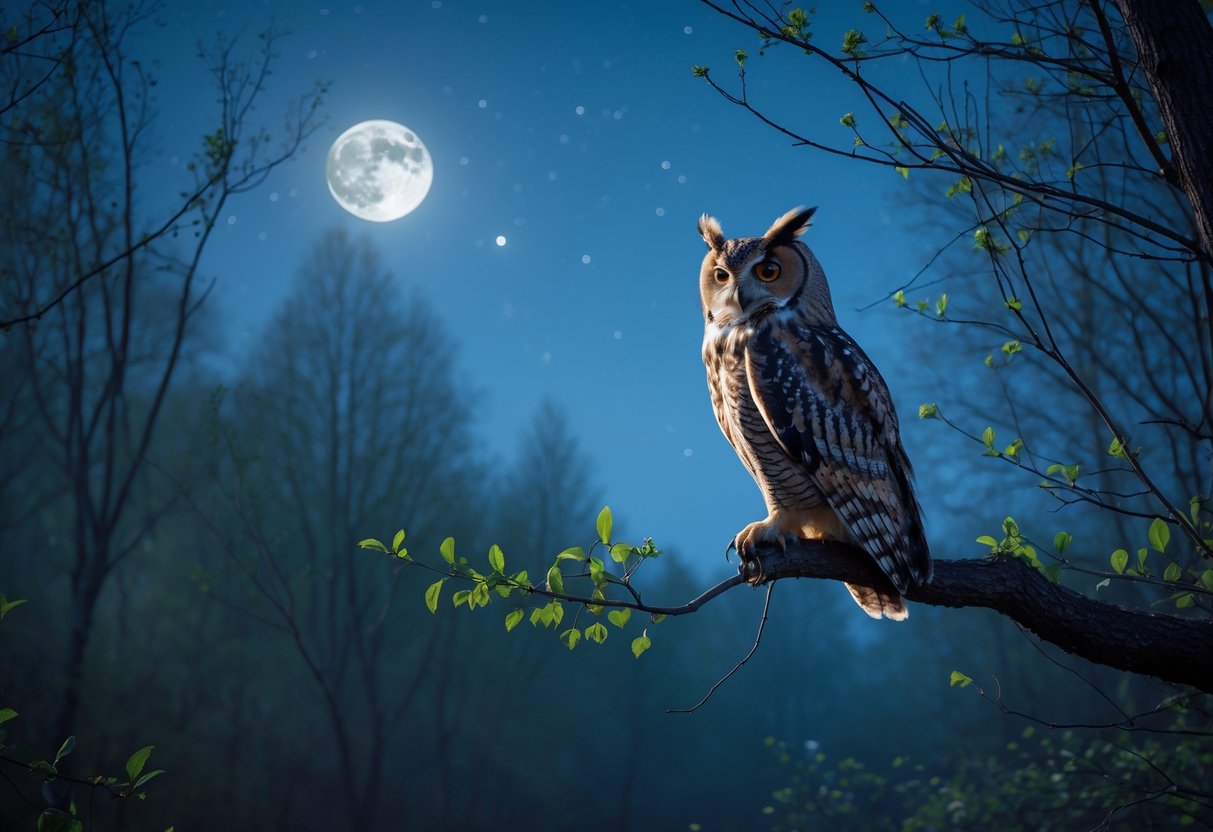 An owl perched on a tree branch at night in a forest with budding leaves and a starry sky.